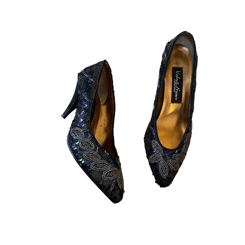 Vintage 80s Valenti Franco Beaded Sequin Heels Black Evening‎ Party Shoes Size 7